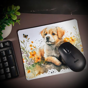Watercolor Puppy and Flowers Mouse Pad Mouse Pad