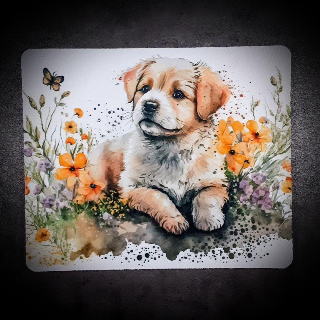 Watercolor Puppy and Flowers Mouse Pad Mouse Pad